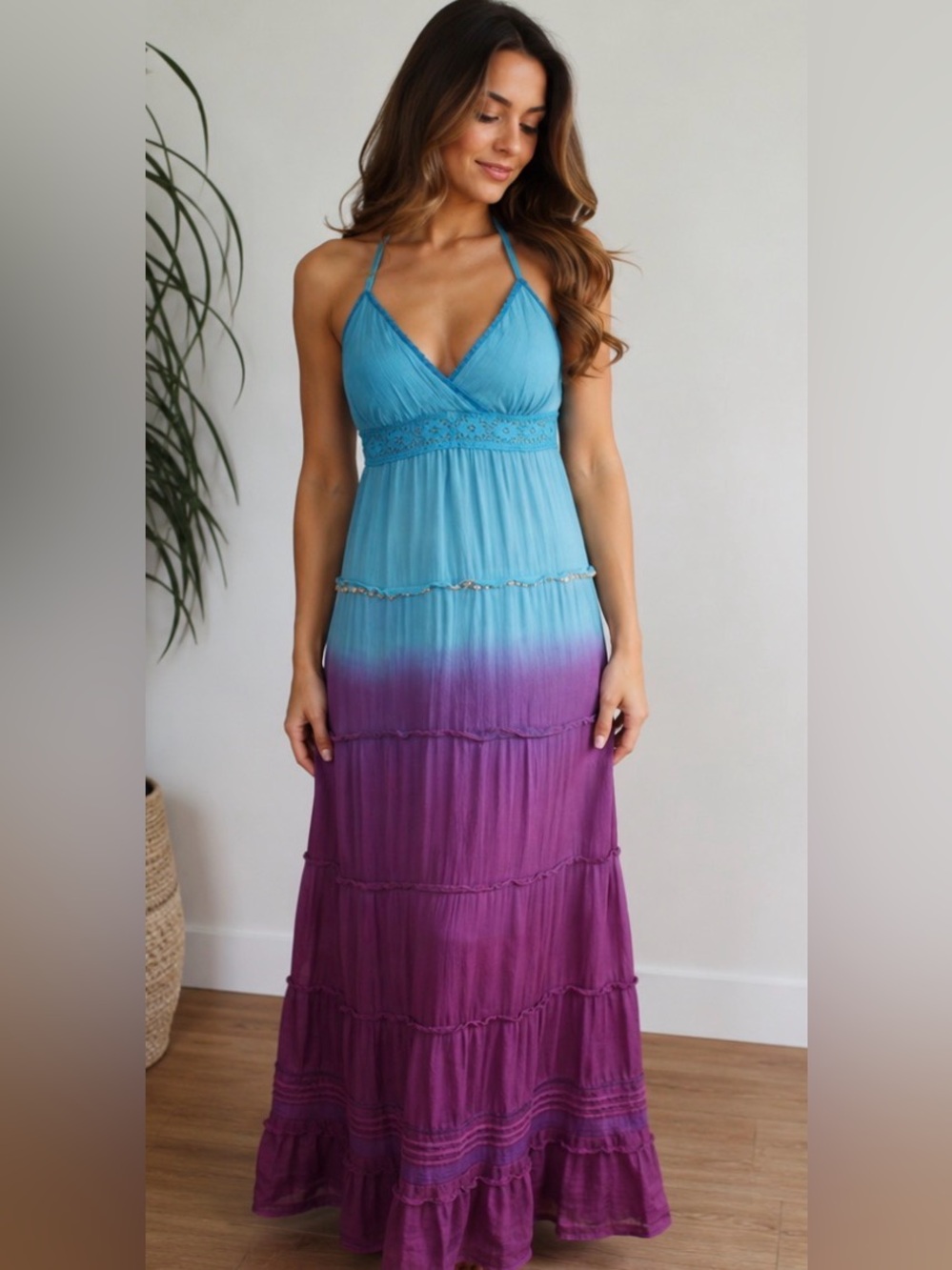 PASSPORT BLUE&PURPLE OMBRÉ SURPLICE MAXI DRESS